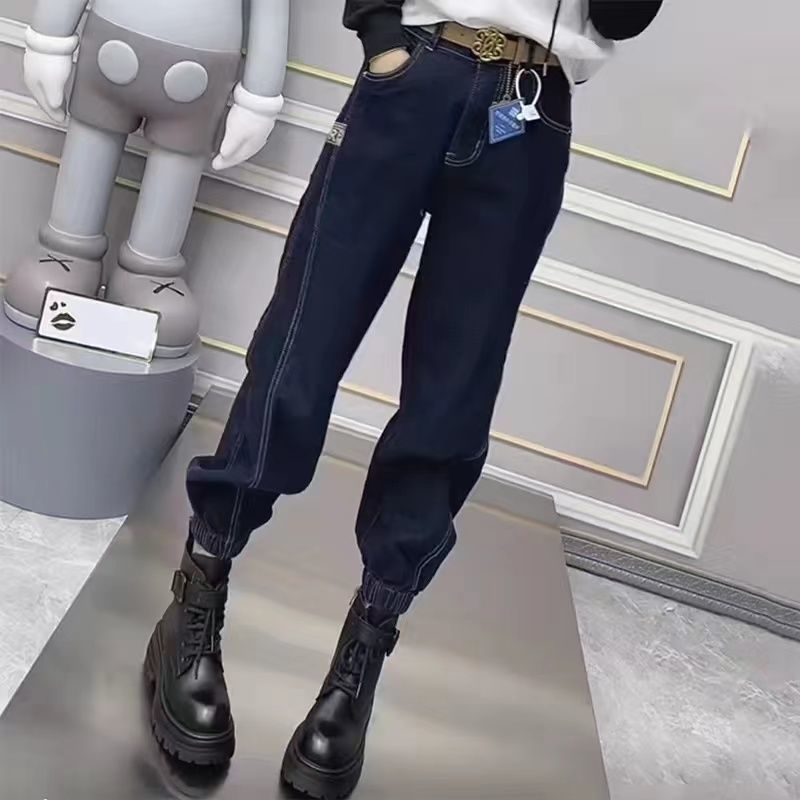 鬆緊高腰哈倫牛仔褲女2023年春秋新款深藍色寬鬆顯瘦束腳老爹褲潮