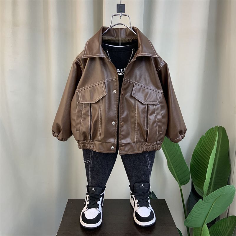 兒童外套春秋裝2023新款男童皮衣寶寶春秋冬季皮夾克加厚外出衣服