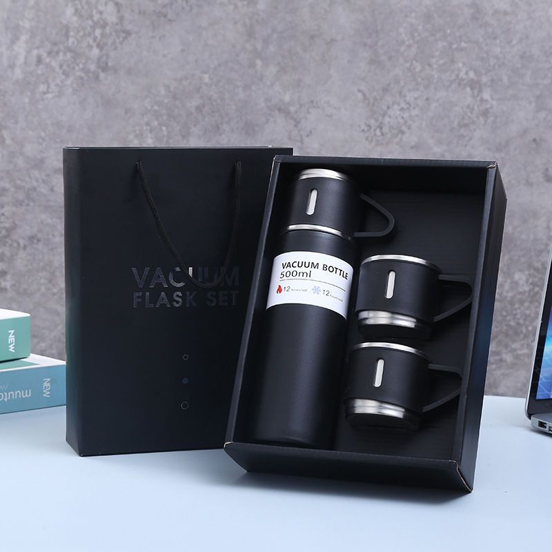 One Cup Three Lid High-end Gift Box Set, Black 499 * Ml [Thickened And Heat-resistant], Not Hot To The Hands【 limit branch copy kill 】 304 stainless steel heat preservation Water cup The new office Water cup high-grade business affairs Gift set