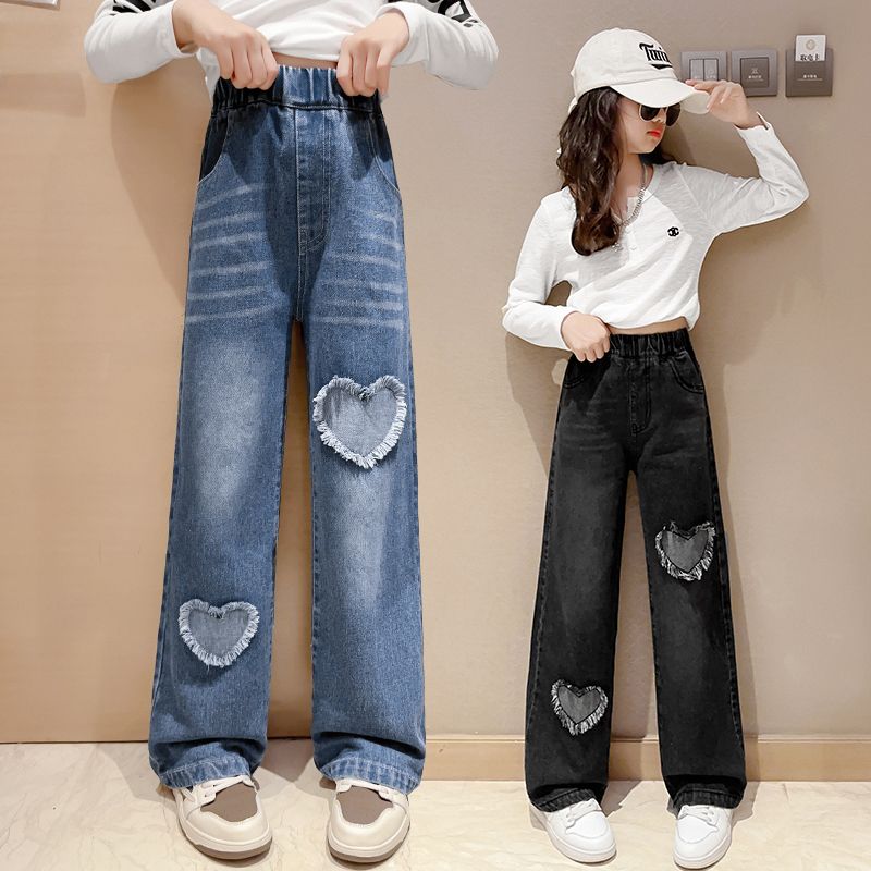 女童直筒褲春秋季2023新款中大童牛仔闊腿褲女孩爆款寬鬆長褲子潮