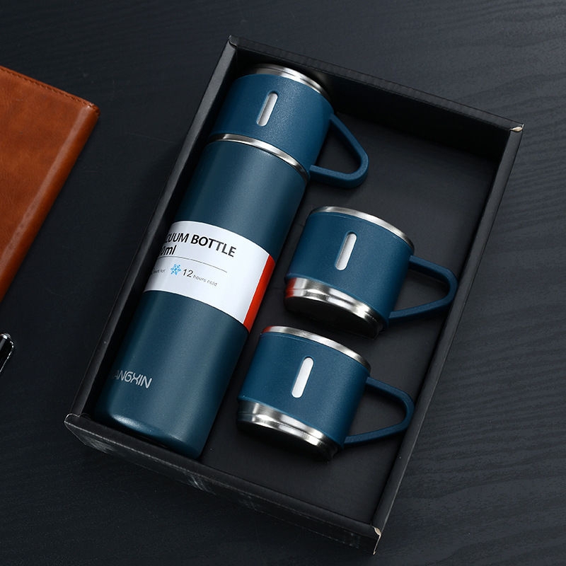 One Cup Three Lid High-end Gift Box Set, Blue 499 * Ml [Thickened And Heat-resistant], Not Hot To The Hands【 limit branch copy kill 】 304 stainless steel heat preservation Water cup The new office Water cup high-grade business affairs Gift set