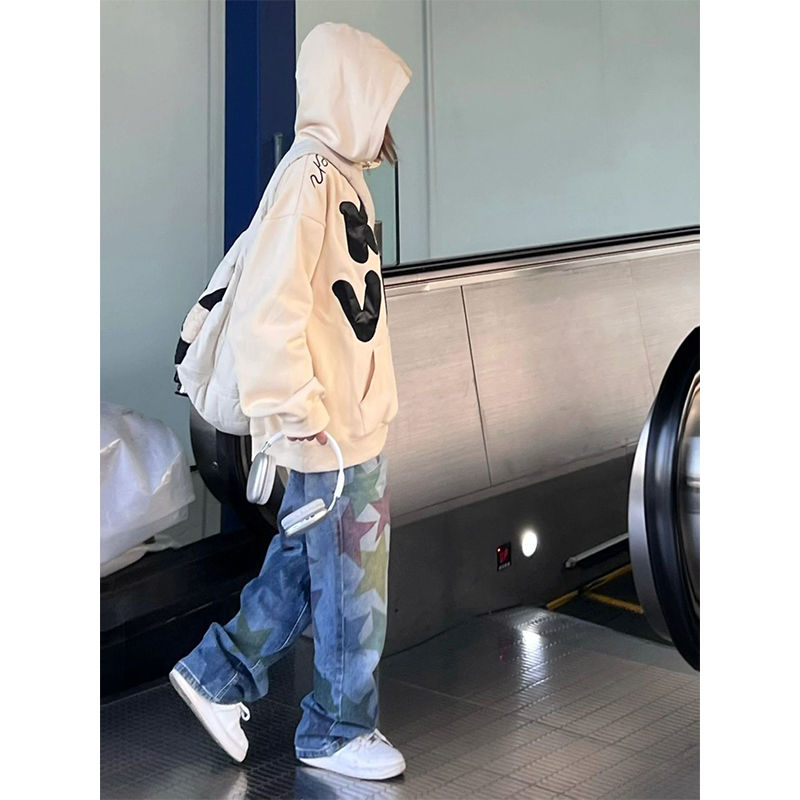大碼美式復古設計感星星直筒牛仔褲女胖mm國潮高街直筒垂感闊腿褲