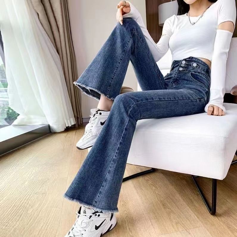藍色微喇牛仔褲女春秋高腰顯瘦2023年新款彈力修身毛邊九分喇叭褲