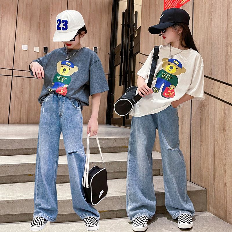 Girls' summer short-sleeved suits, big boys and girls, ripped jeans, children's summer, fashionable wide-leg pants, two-piece suit