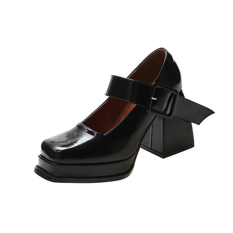 2023年法式玛丽珍鞋女小众设计气质高级感粗跟黑色方头高跟鞋女夏