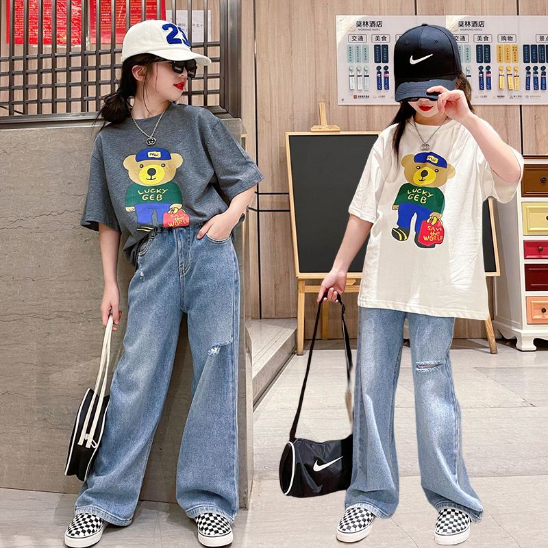 Girls' summer short-sleeved suits, big boys and girls, ripped jeans, children's summer, fashionable wide-leg pants, two-piece suit