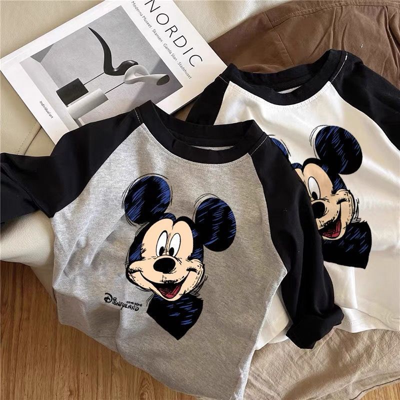 Spring and Autumn New Boys and Children's Clothing 100% Cotton Bottom Shirt 2023 Cartoon Print Tops Children's Mickey Tops