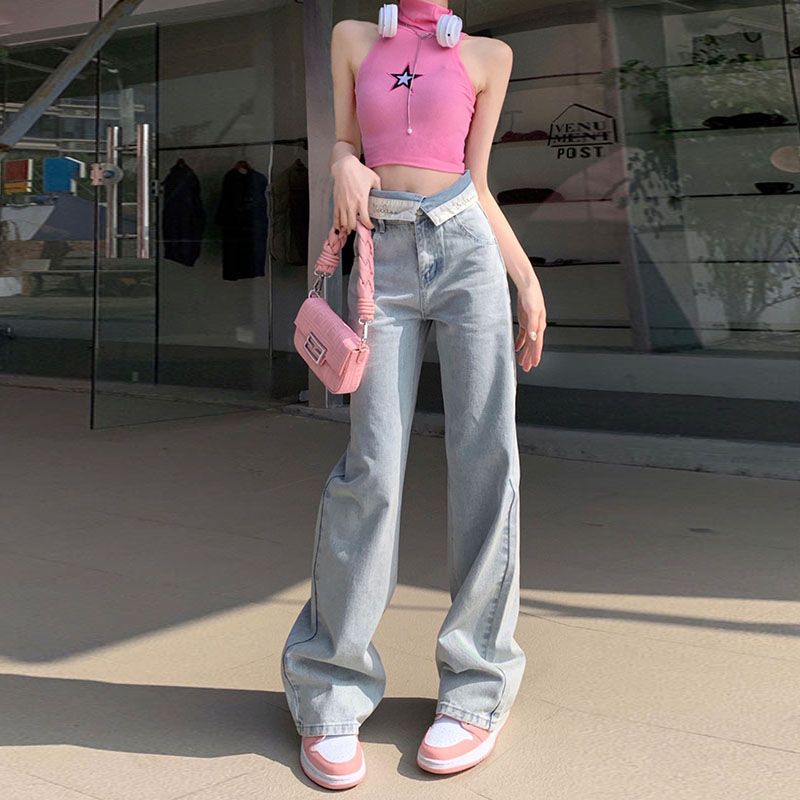 High-waisted light-colored turned-waist straight-leg jeans for women in summer new loose niche floor-length mopping pants wide-leg pants trendy