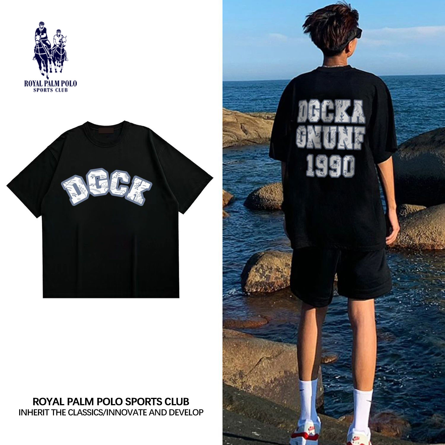 ROYAL PALM POLO100%純棉簡約字母印花短袖T恤男女寬鬆韓版上衣潮