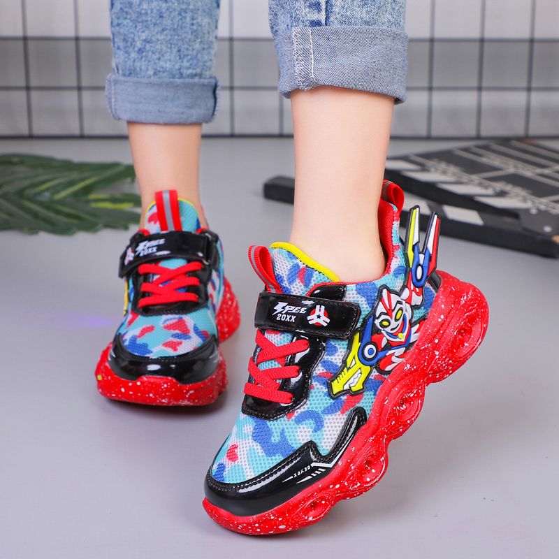 Cartoon children's sports shoes with lights 2023 spring and autumn new mesh surface breathable boys' shoes medium and big children's student running shoes