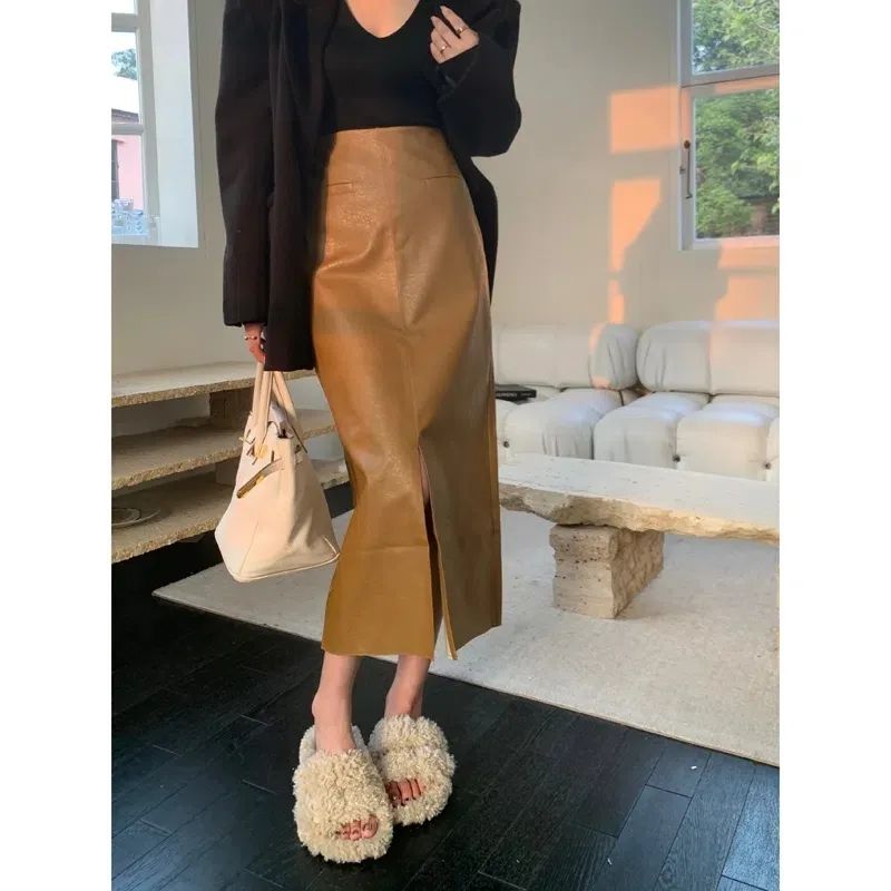 高腰開叉皮裙半身裙女2023春秋新款復古時尚中長款包臀裙黑色裙子
