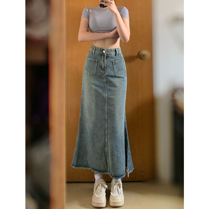 145 short size xs retro raw edge denim skirt women's spring and summer high waist slimming A-line bag hip mermaid skirt trendy