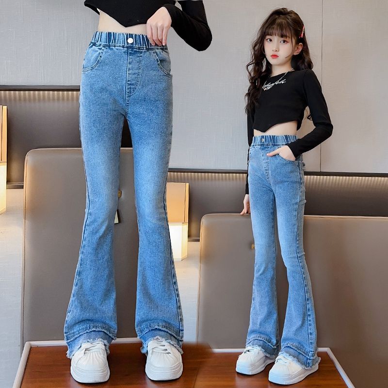 女童褲子春秋裝2023新款中大童休閒牛仔褲兒童洋氣彈力修身喇叭褲
