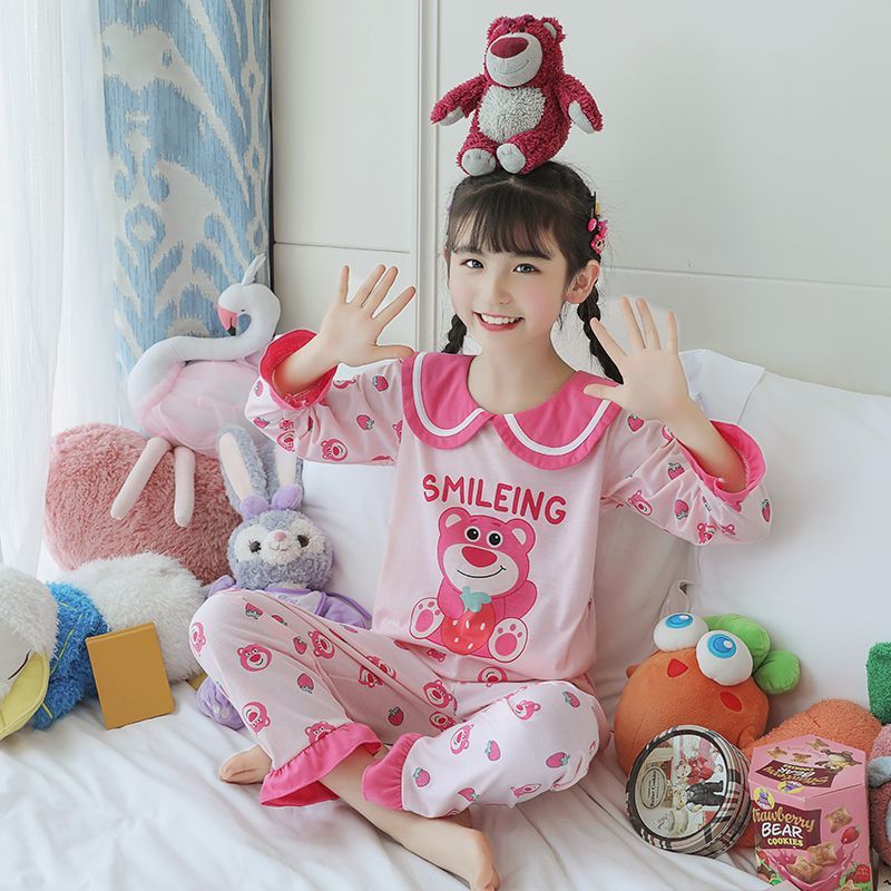 女童睡衣長袖春秋款兒童睡衣純棉套裝小孩中大童可愛萌卡通草莓熊