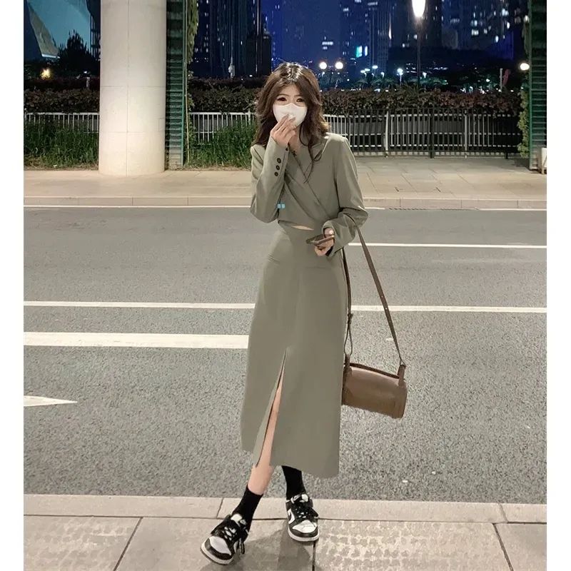 高級感短款氣質長袖小西服中長款開叉半身裙女春季2023新款兩件套