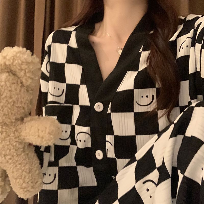 新款ins風韓版睡衣女春秋季v領棋盤格撞色笑臉長袖長褲家居服套裝