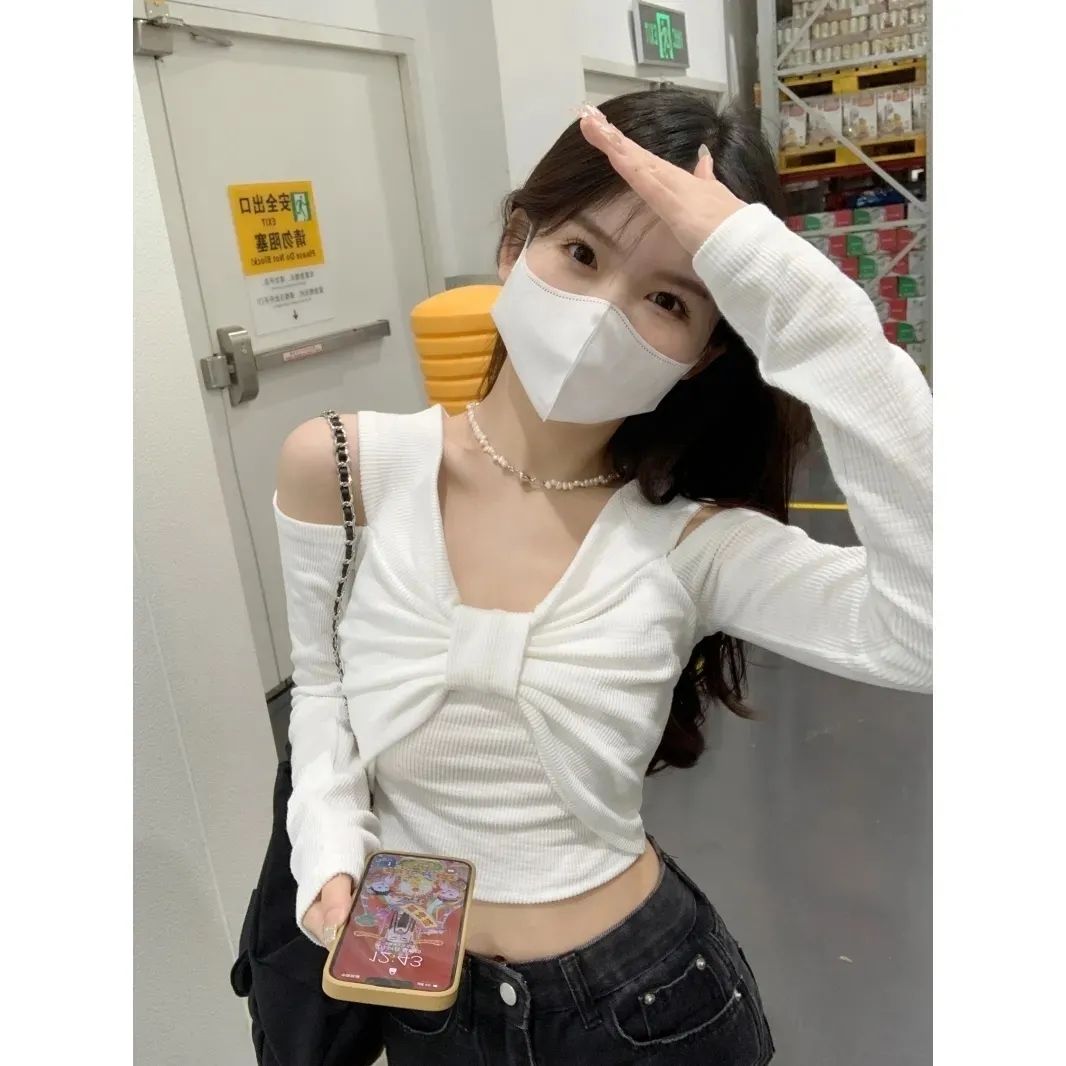 Milky sweet chic design strapless t-shirt women's spring and autumn short section hot girl wears thin and folds inside with long-sleeved top