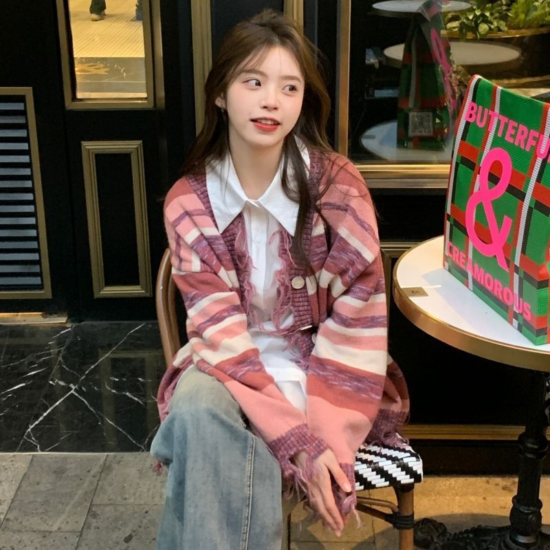 【兩件套裝】撞色V領毛衣外套女設計感破洞流蘇針織開衫百搭襯衫