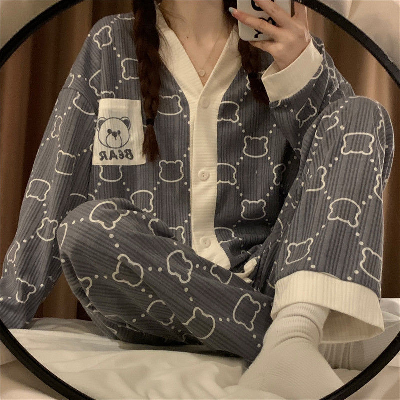 ins風新款睡衣女春秋季長袖薄款顯瘦對襟長褲開衫v字領家居服套裝