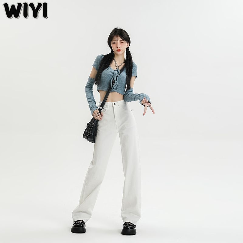 WIYI 白色牛仔褲女春夏2023新款闊腿褲高腰寬鬆顯瘦直筒梨形身材