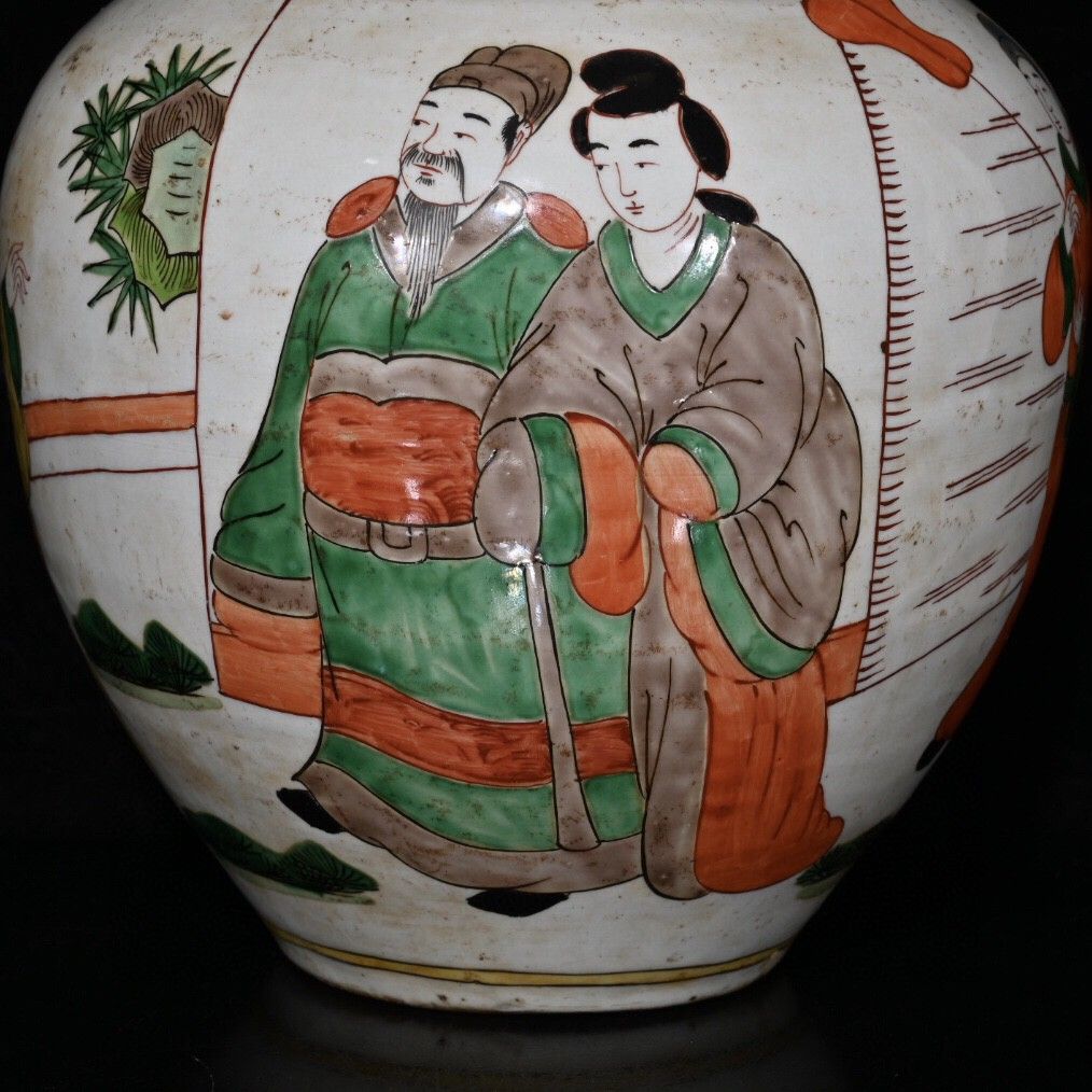 明代五彩人物故事罐22×19cm农村乡下收古玩古董花瓶陶瓷瓷器摆件