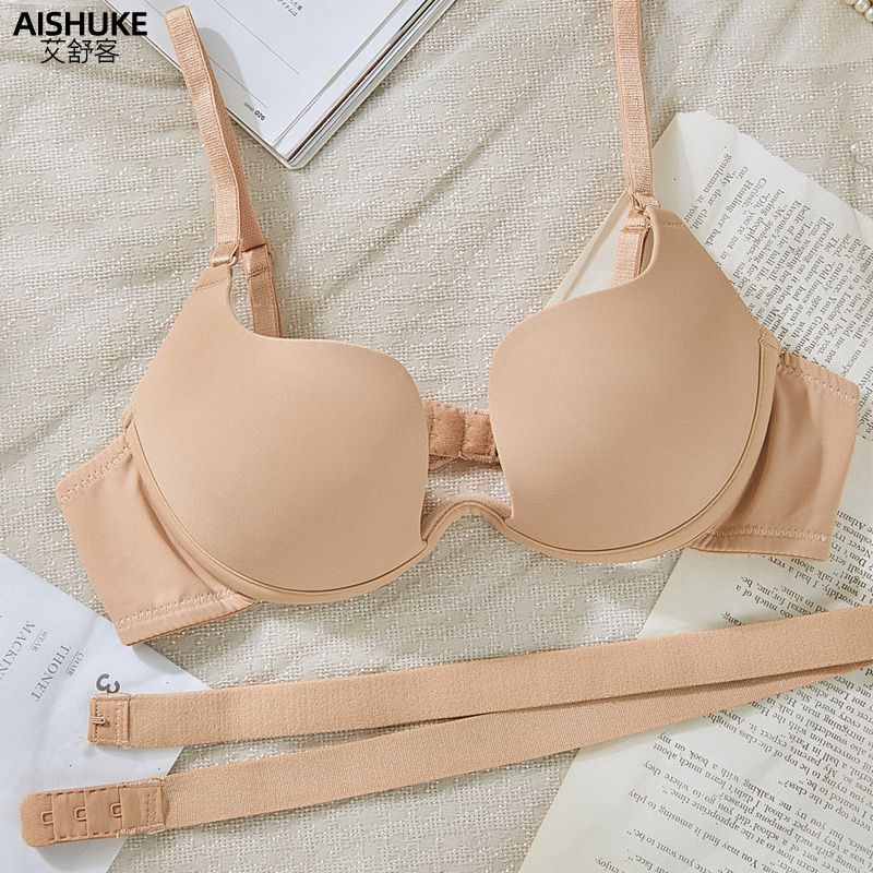 Ai Shuke half-cup underwear women's small chest gathered seamless beautiful back bra sexy low-cut U-shaped deep V glossy bra