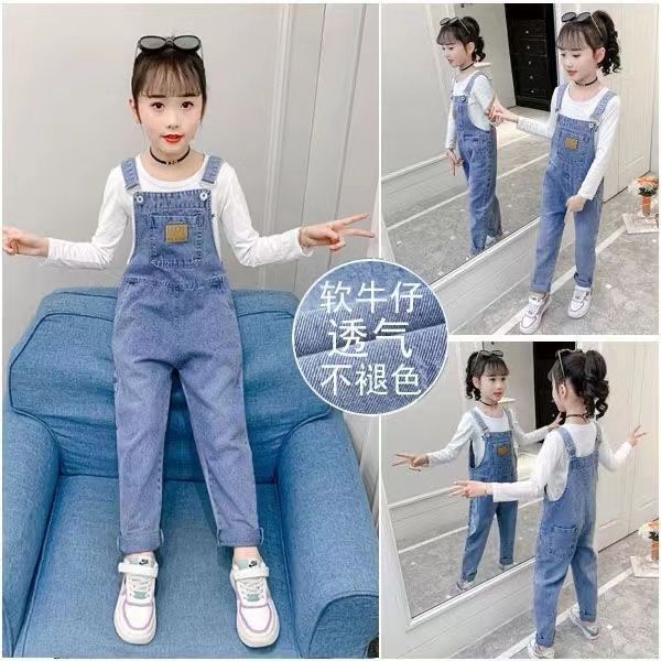 女童牛仔背帶褲2023春秋款韓版網紅牛仔褲中大兒童寬鬆洋氣吊帶褲