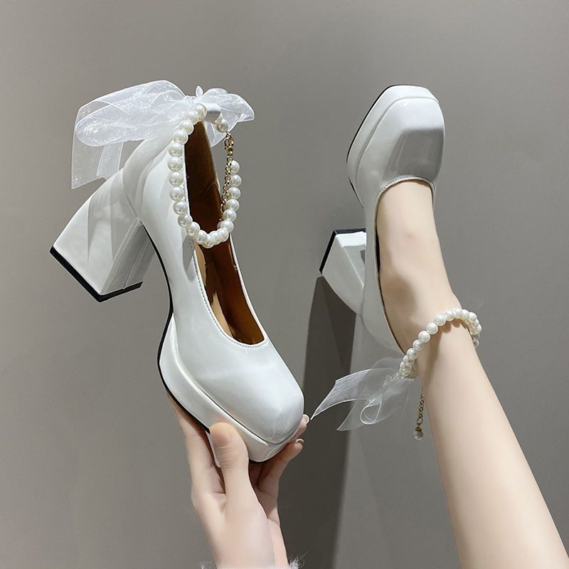 高跟小皮鞋女春秋2023新款白色法式婚鞋复古粗跟厚底增高玛丽珍鞋