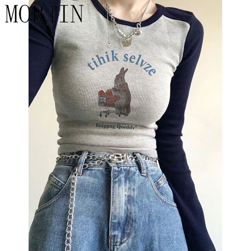 MORJIN American hot girl color matching short long-sleeved t-shirt women's spring and summer thin section slim slim Korean round neck top
