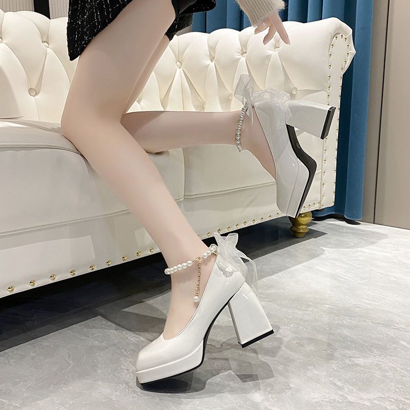 高跟小皮鞋女春秋2023新款白色法式婚鞋复古粗跟厚底增高玛丽珍鞋