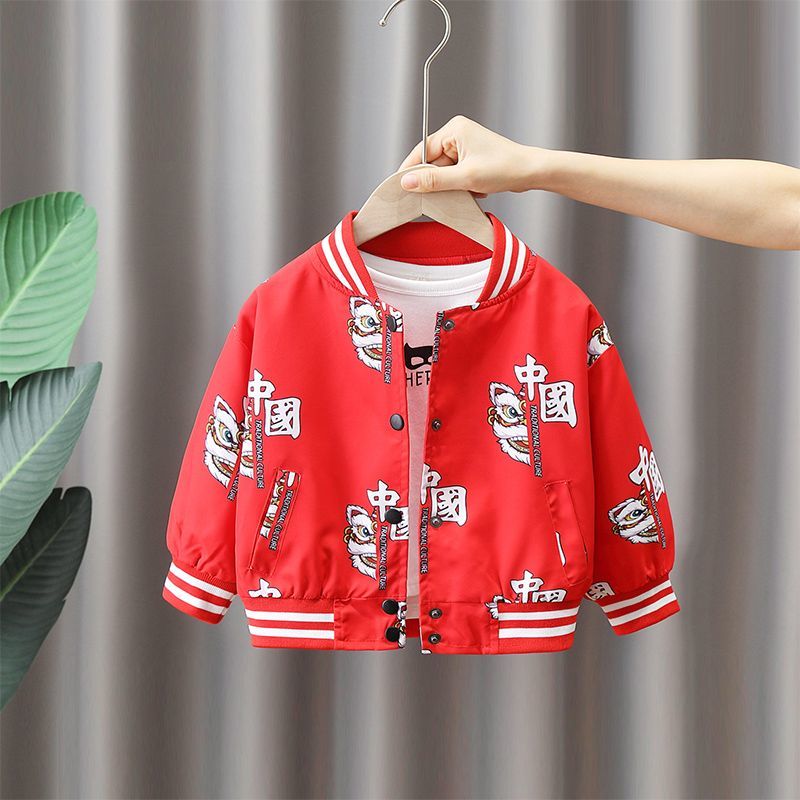 男童外套春秋棒球服兒童潮流洋氣中國風上衣紅色喜慶帥氣寶寶夾克