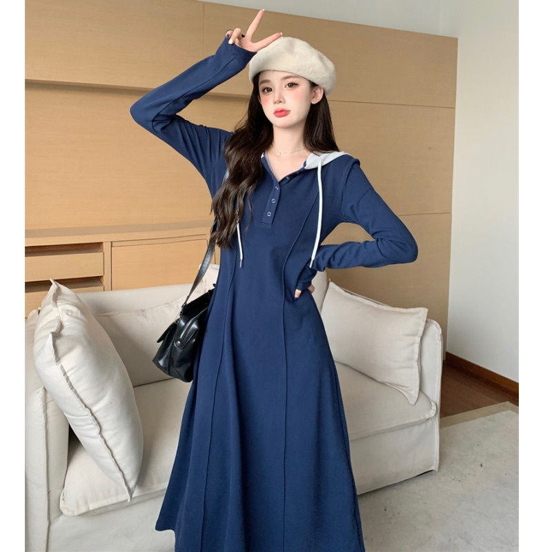 Large size blue long-sleeved hooded sweater dress women's early spring fat mm design sense waist long skirt 200 catties 300