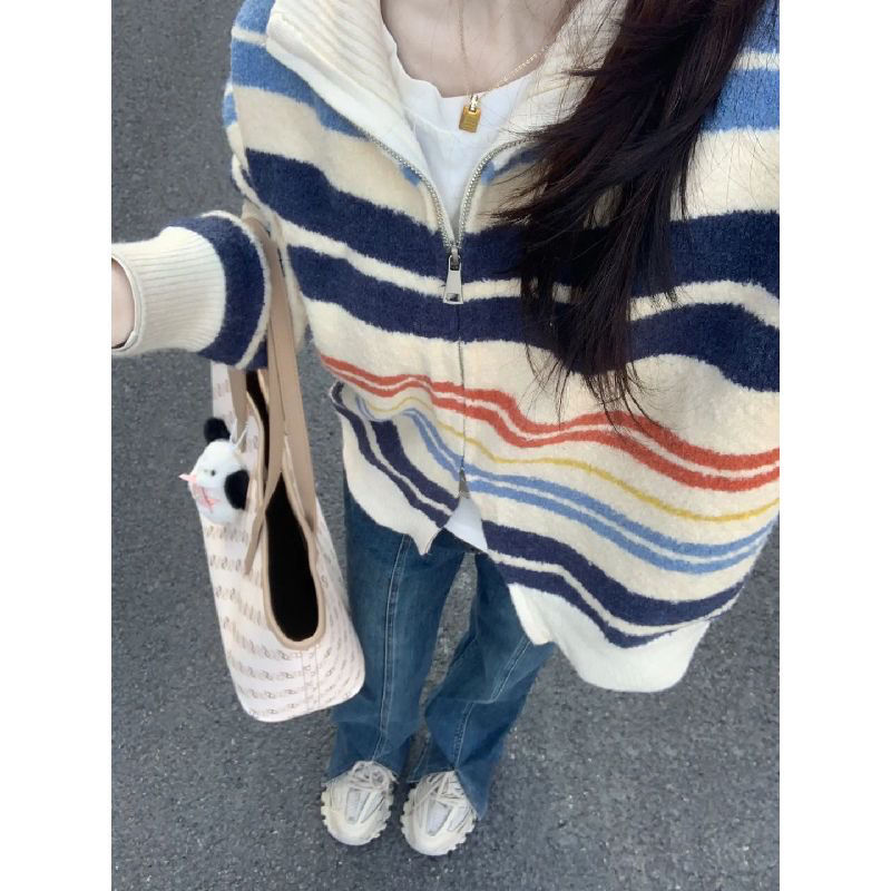 日系撞色條紋開衫毛衣女春秋寬鬆加厚慵懶風bf軟糯溫柔秋冬針織衫