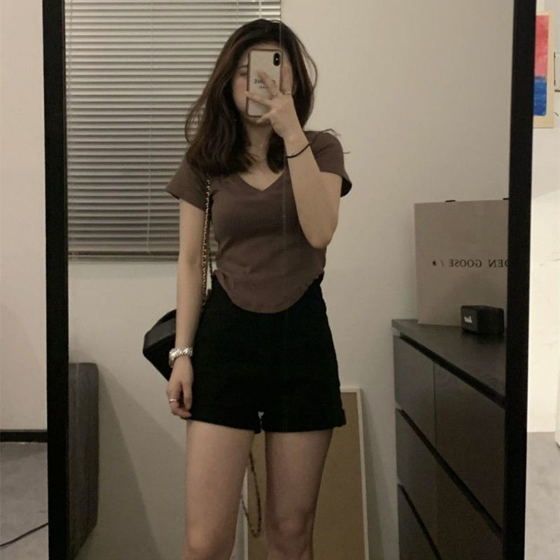 American style thin arc edge short top slim-fit half-short-sleeved hot girl slim-fit small shoulders v-neck t-shirt summer
