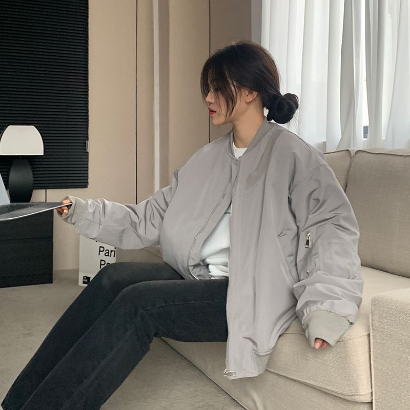 American retro gray and white baseball uniform women's spring and autumn style design sense niche loose short bomber jacket