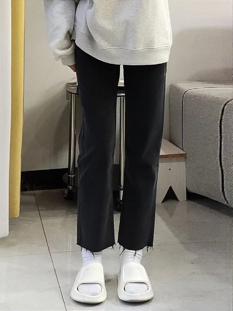 特大碼300斤胖mm黑色直筒牛仔褲女鬆緊腰寬鬆顯瘦毛邊闊腿九分褲2