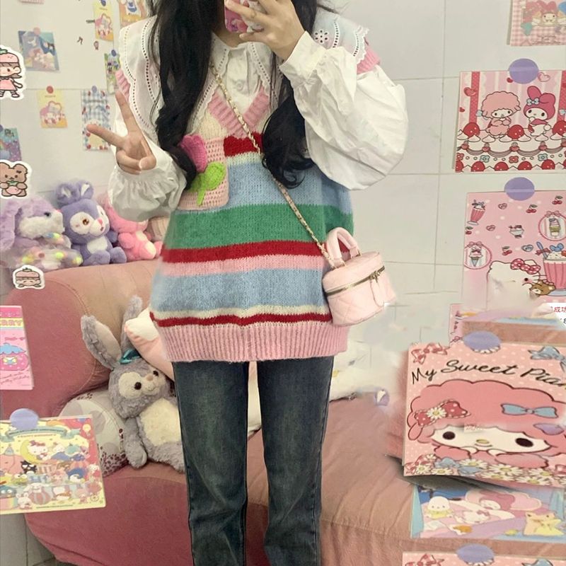 Japanese Sweet Rainbow Striped Sweater Vest Vest Knitwear Female Student + Doll Collar Shirt Two-Piece Suit