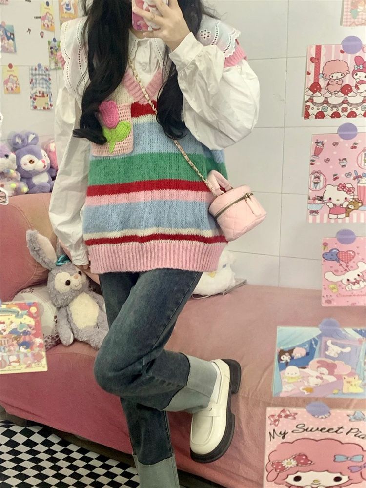 Japanese Sweet Rainbow Striped Sweater Vest Vest Knitwear Female Student + Doll Collar Shirt Two-Piece Suit