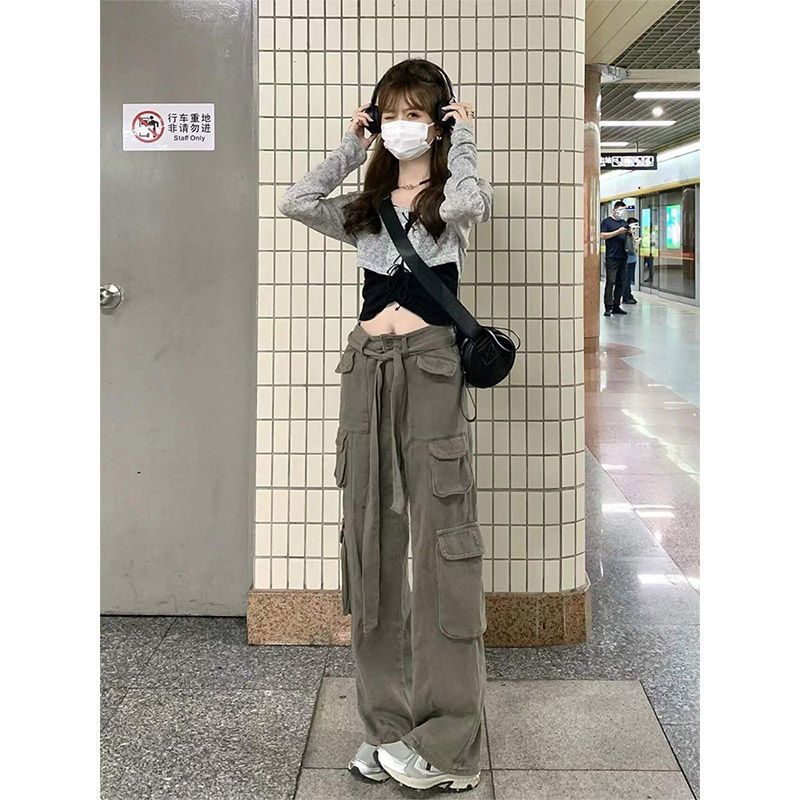 美式復古嘻哈辣妹工裝褲女學生新款設計感拖地牛仔褲寬鬆闊腿長褲