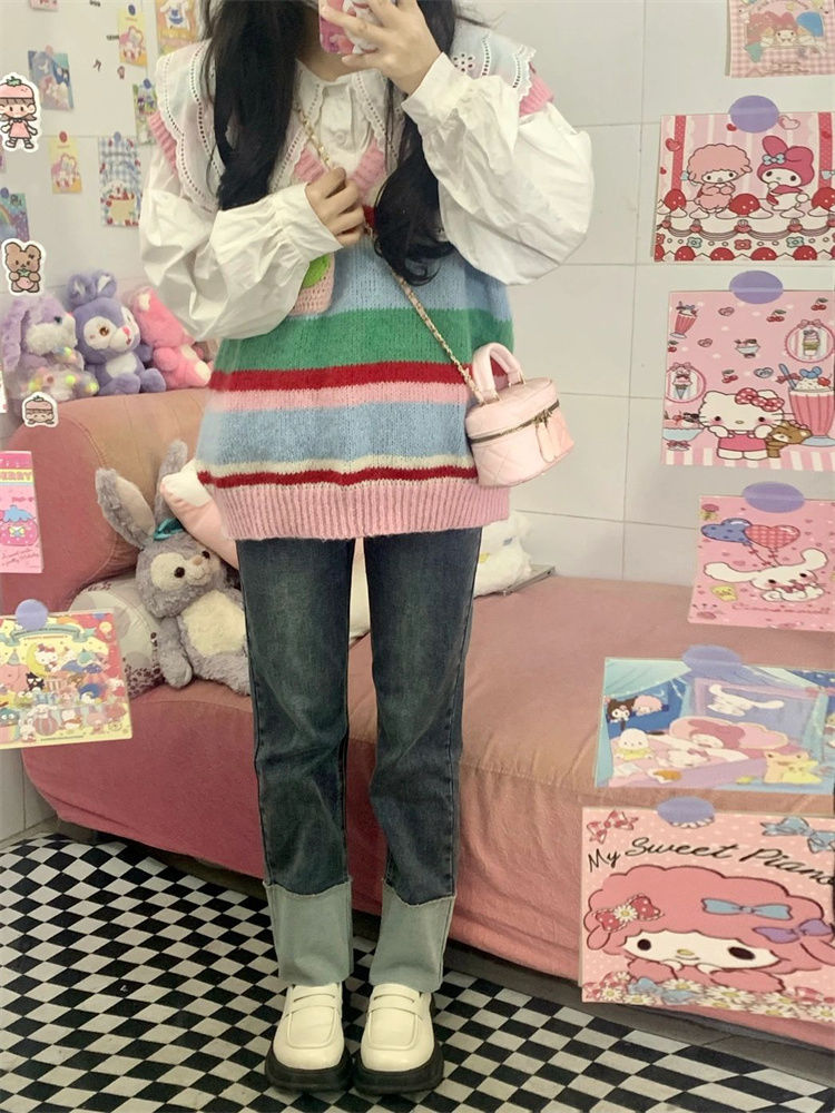 Japanese Sweet Rainbow Striped Sweater Vest Vest Knitwear Female Student + Doll Collar Shirt Two-Piece Suit