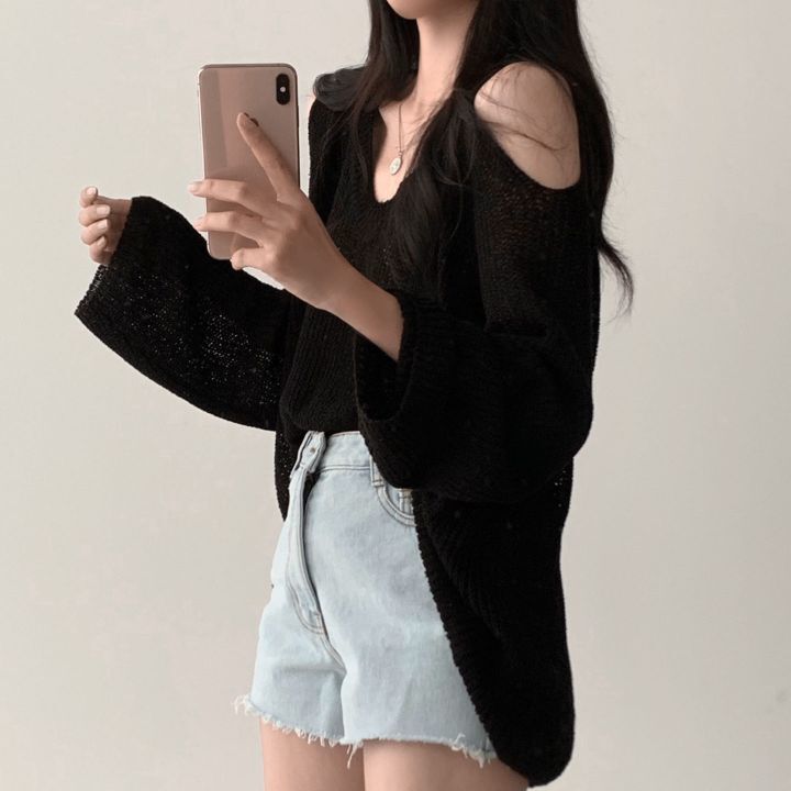 Sweet babes strapless V-neck long-sleeved thin knitwear women's spring and autumn new careful machine sweater loose top tide