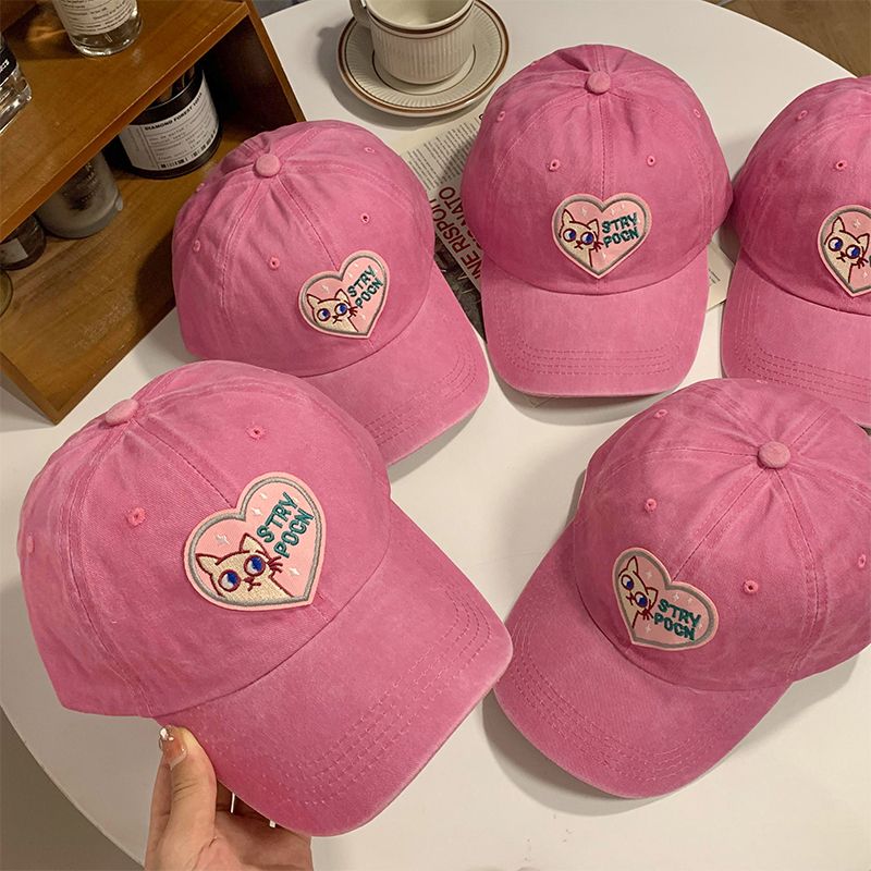 Japanese ins cute cat embroidery pink peaked hat female summer all-match sunshade curved eaves washed baseball cap