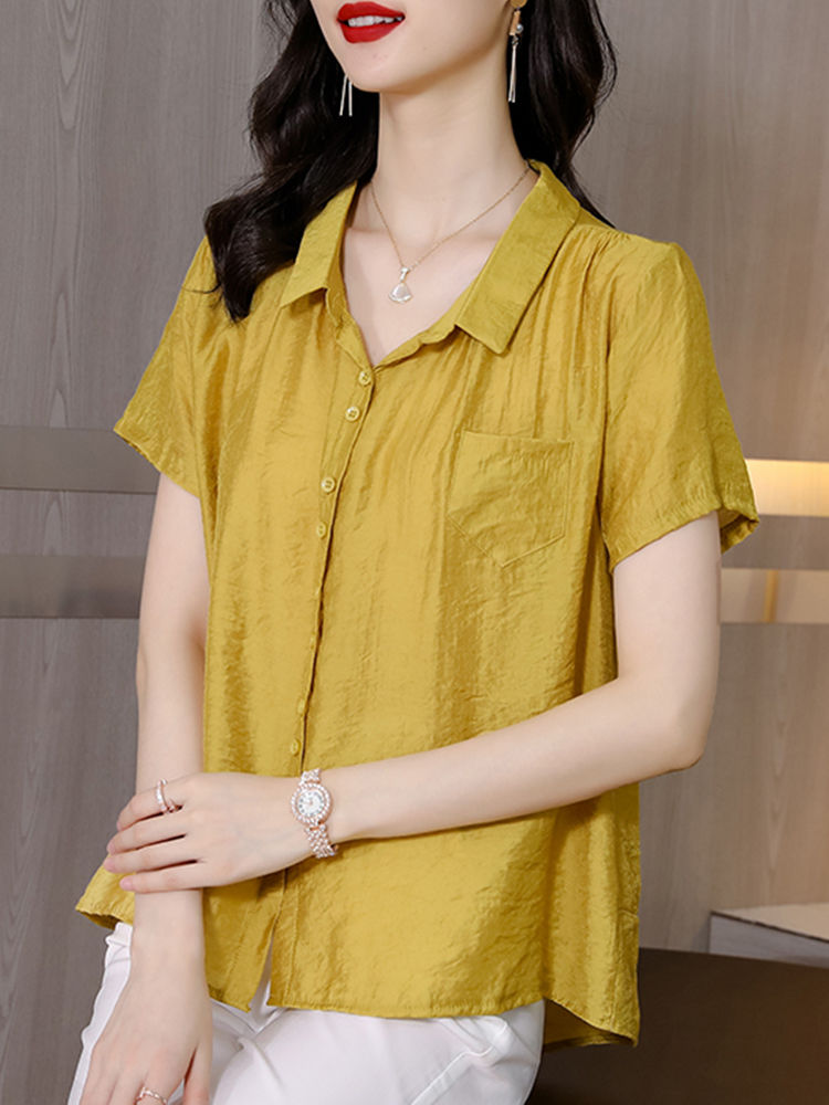 冰絲棉麻襯衫女夏天上衣2023媽媽洋氣時尚遮肚子氣質女士t恤短袖