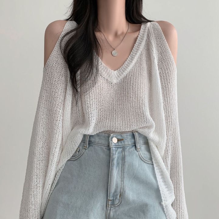 Sweet babes strapless V-neck long-sleeved thin knitwear women's spring and autumn new careful machine sweater loose top tide