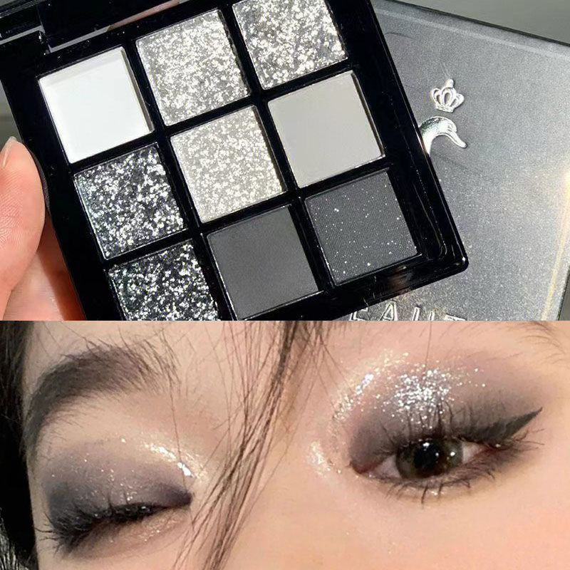 新款黑天鵝9色眼影盤珠光亮片暗黑色系平價持久清冷感歐美煙熏妝