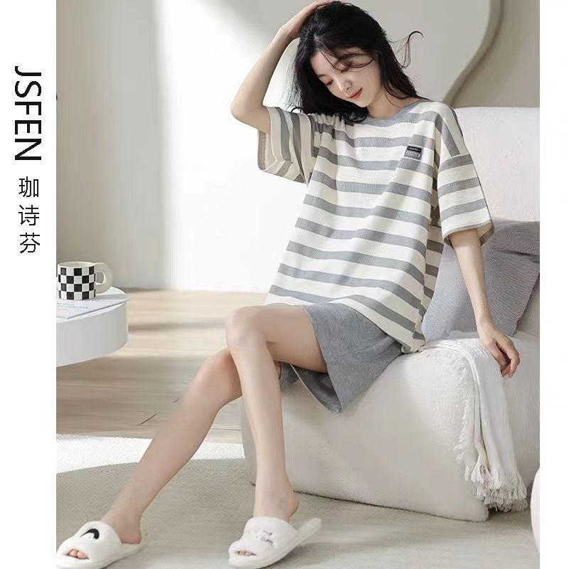 100%純棉睡衣女夏季短袖短褲條紋兩件套裝韓版甜美可愛全棉家居服