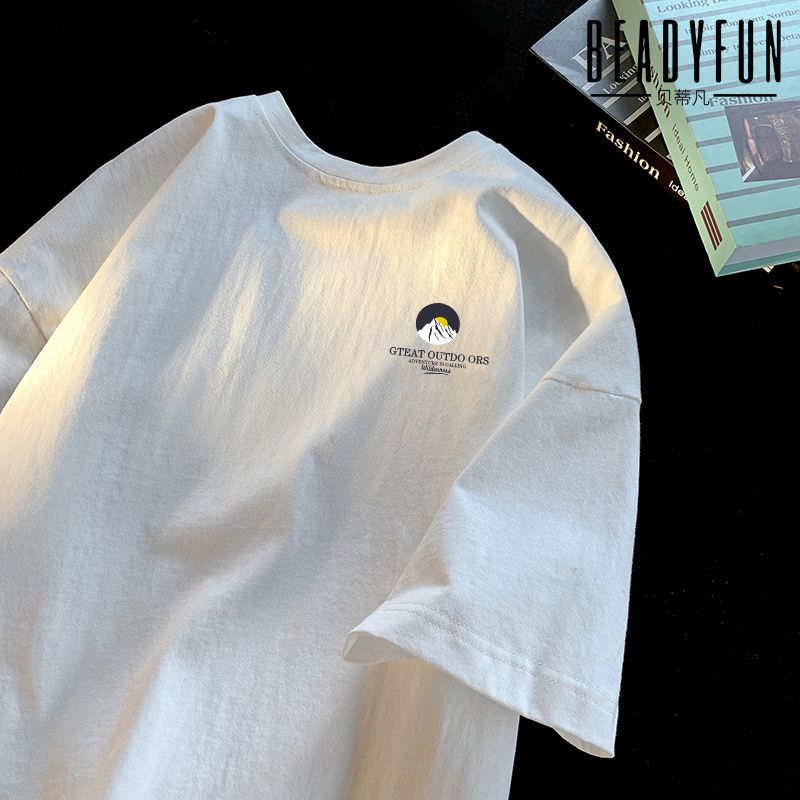 BEADYFUN 短袖t恤男夏季新款純棉圓領休閒內搭潮牌寬鬆半袖體恤衫