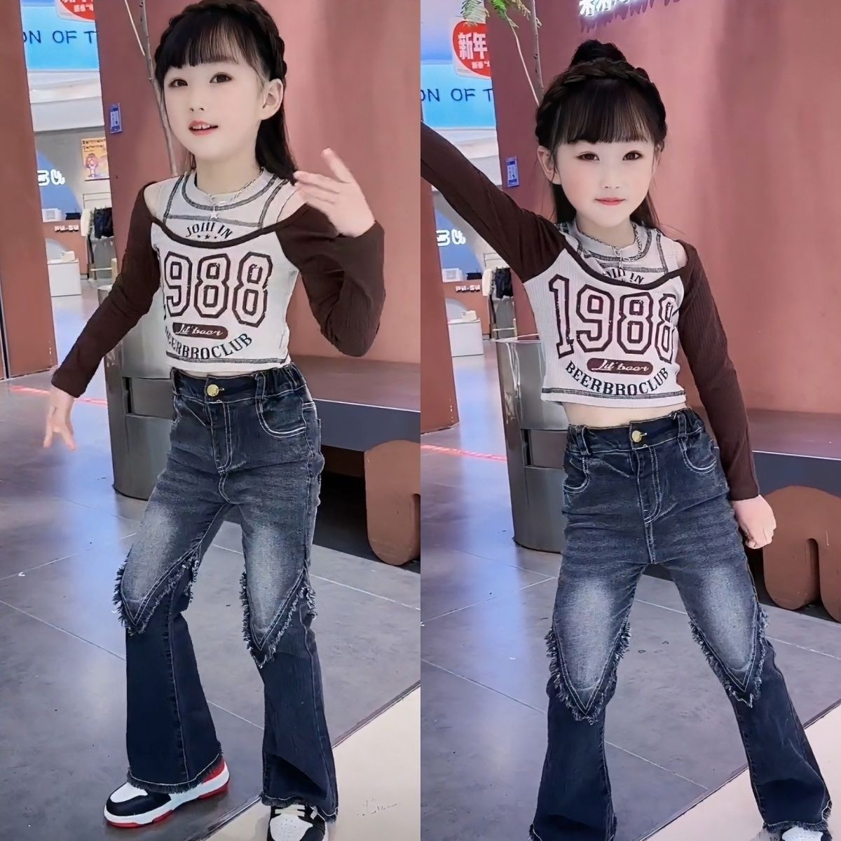 女童春季套裝2023新款兒童洋氣百搭露肩上衣時髦牛仔褲網紅兩件套