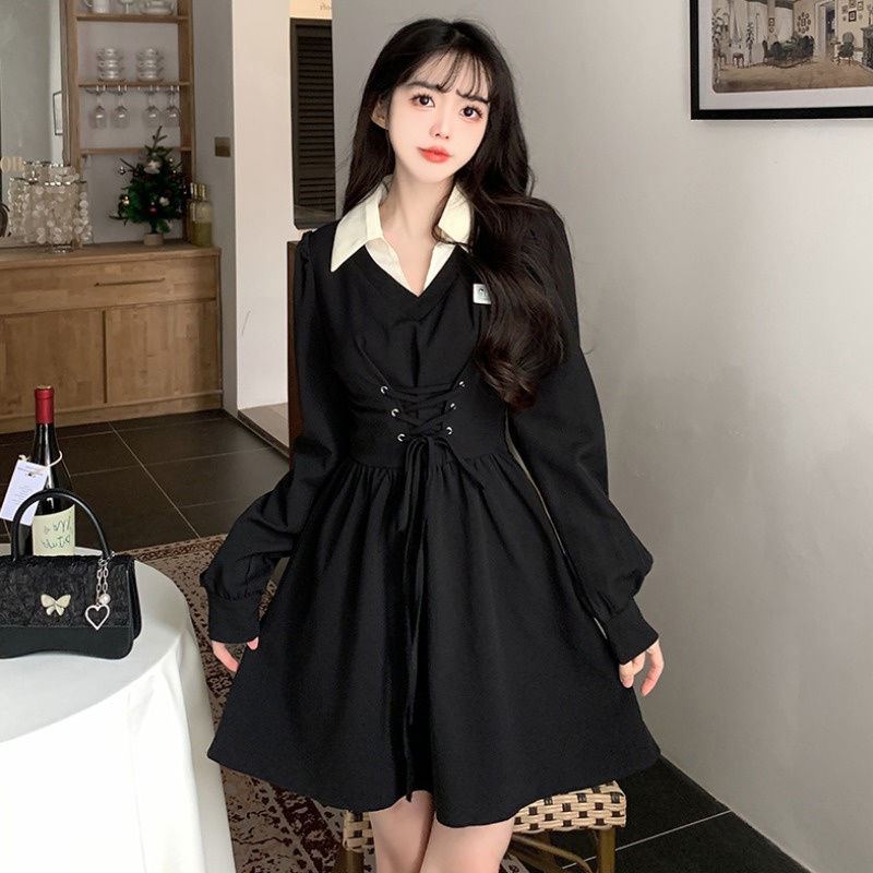Fat mm large size lazy wind retro black sweater dress female design feeling waist slim tie dress 200 catties