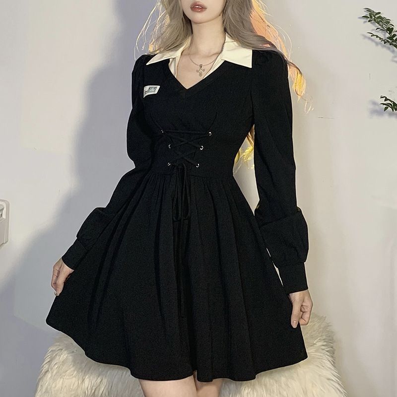 Early spring lazy wind black POLO collar sweater dress women's large size waist slimming dress 200 catties fat mm300
